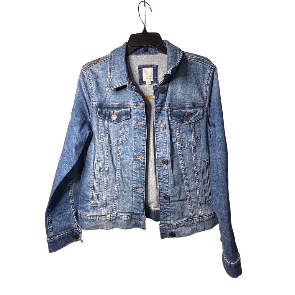 LC Lauren Conrad Womens Medium‎ Denim Trucker Jacket Painted Sunflower Butterfly